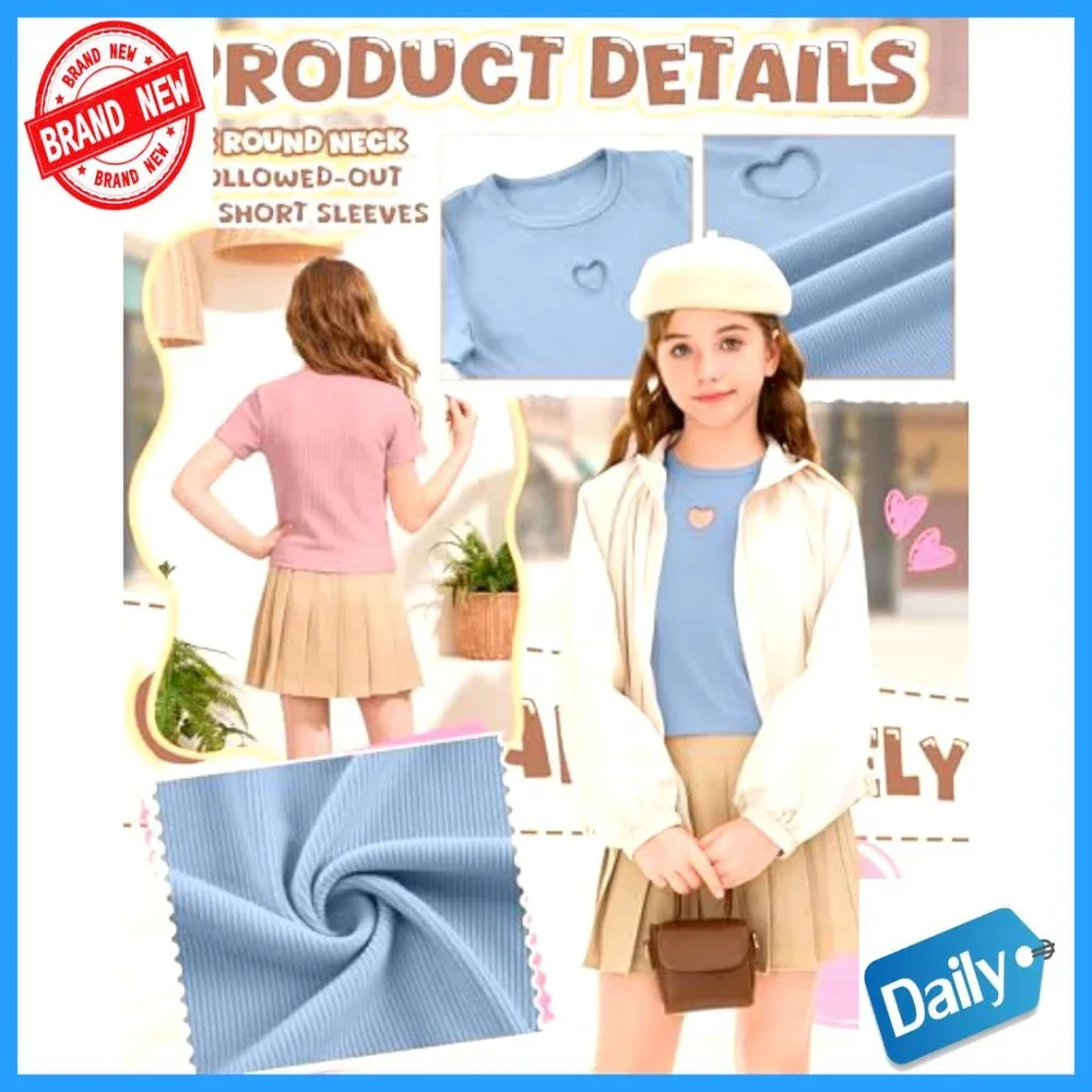 Girls' 3 Pack Cotton Ribbed Tees Slim Fit Heart Cutout Tops 5-14 Years